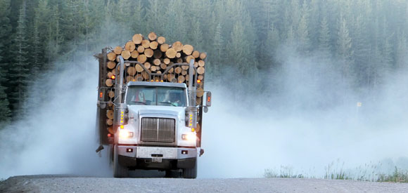 A logging truck driving down a dusty road.